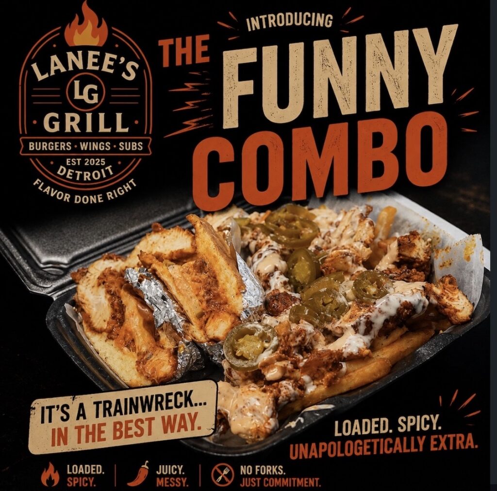 Lanee's Grill's Funny Combo chicken sandwich and loaded fries with jalapeños 