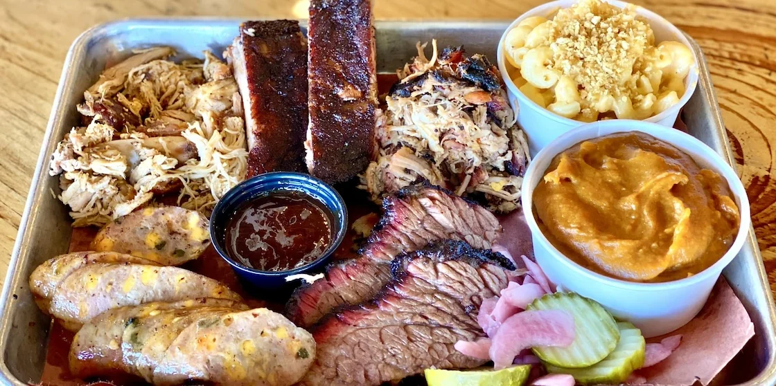 barbecue tray from woodpile bbq shack with mac and cheese and sweet potato mash