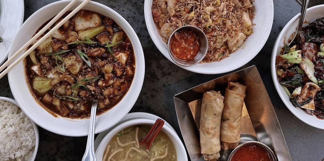 fried rice, soup, rice, spring rolls, and other dishes from the peterboro