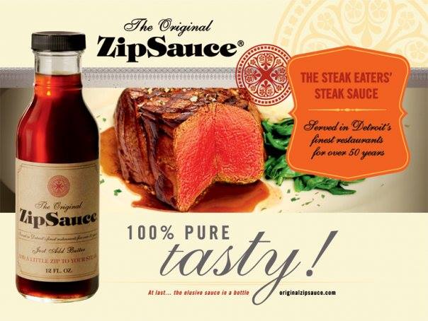Bottle of the original zip sauce and a vintage ad for the product