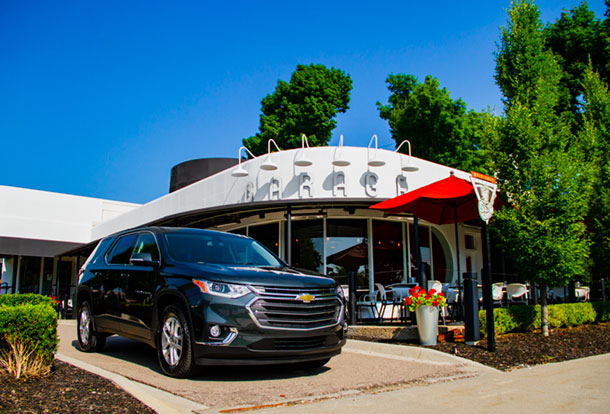 Gararge Grill & Fuel Bar is a perfect patio facing the restaurant's roundabout driveway.