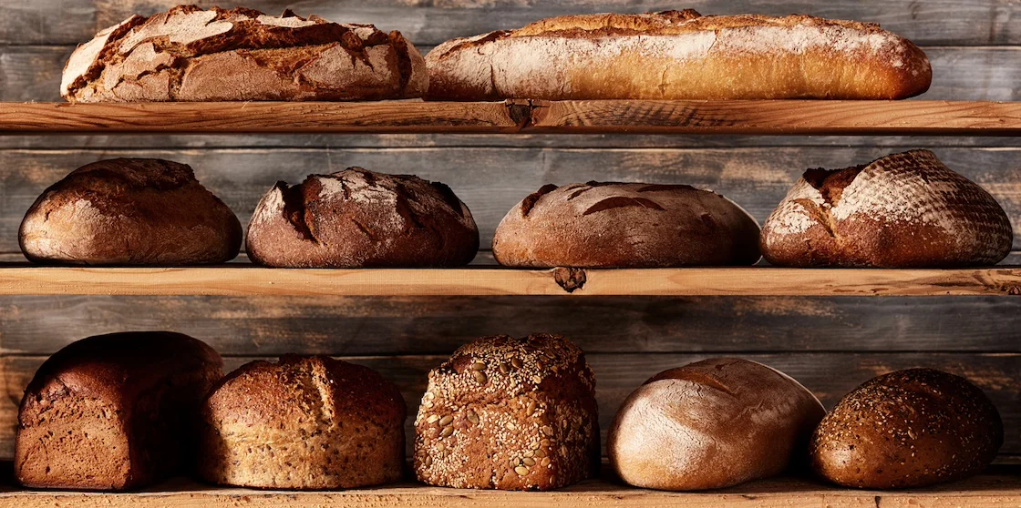Bunch of assorted freshly baked bread loaves with different shapes and baguettes placed on shelves against wooden background in light studio