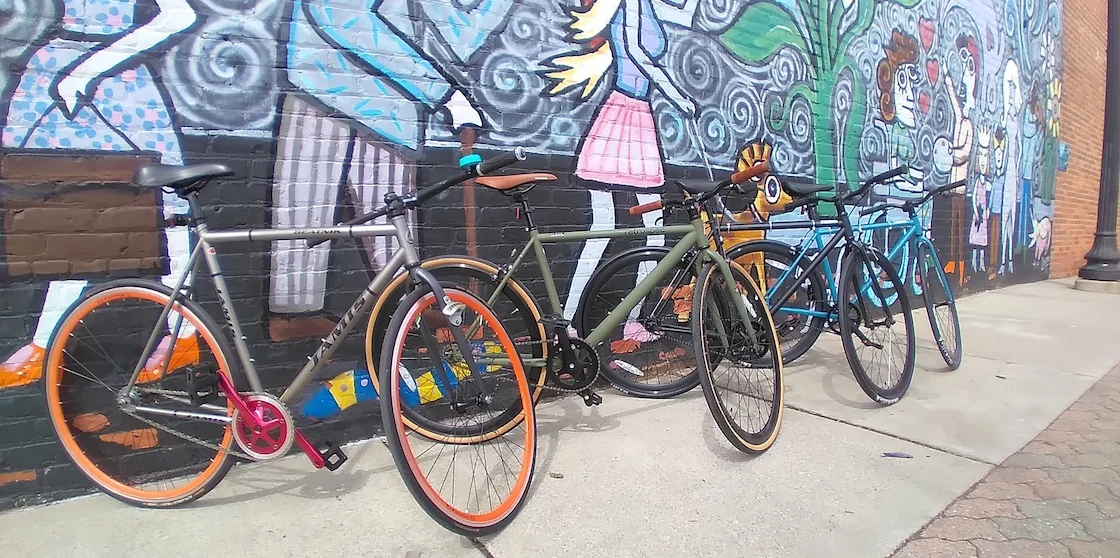 row of bicycles outside of downtown ferndale bike shops