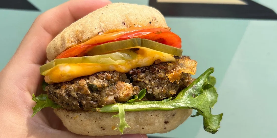 classic vegan burger from shimmy shack outside of its food truck