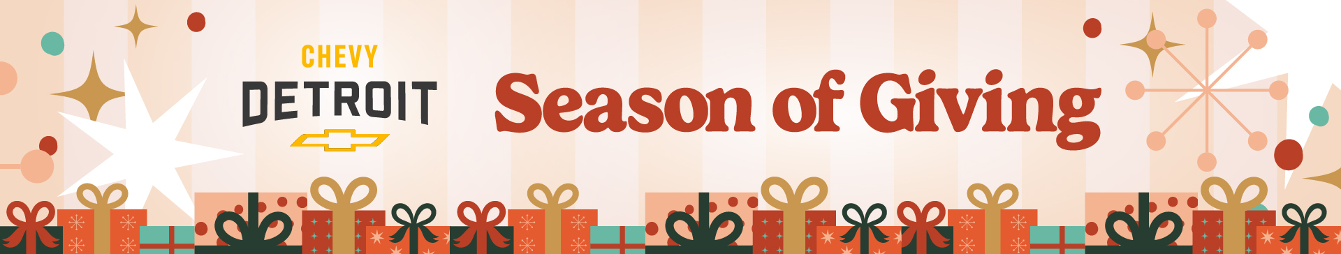 Chevy Detroit Season of Giving banner with logo and mid-century style wrapped gifts and holiday shapes along the bottom.