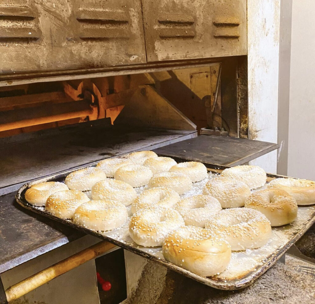 Sesame bagels hot out of the oven at Detroit Bagel Factory