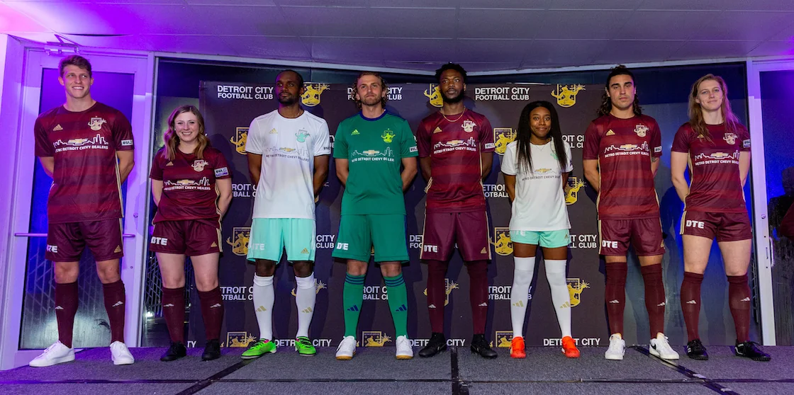 Detroit City Football Club players model new kits at the uniform release