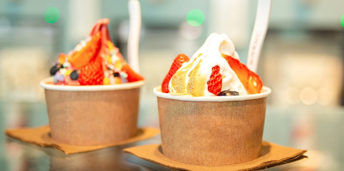 frozen yogurt with fresh berries in paper cup Street food Selective Focus