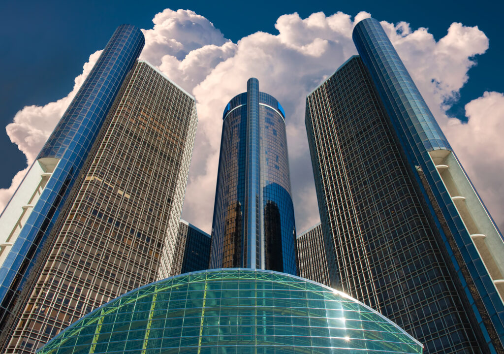View from the base of the RenCen in downtown Detroit
