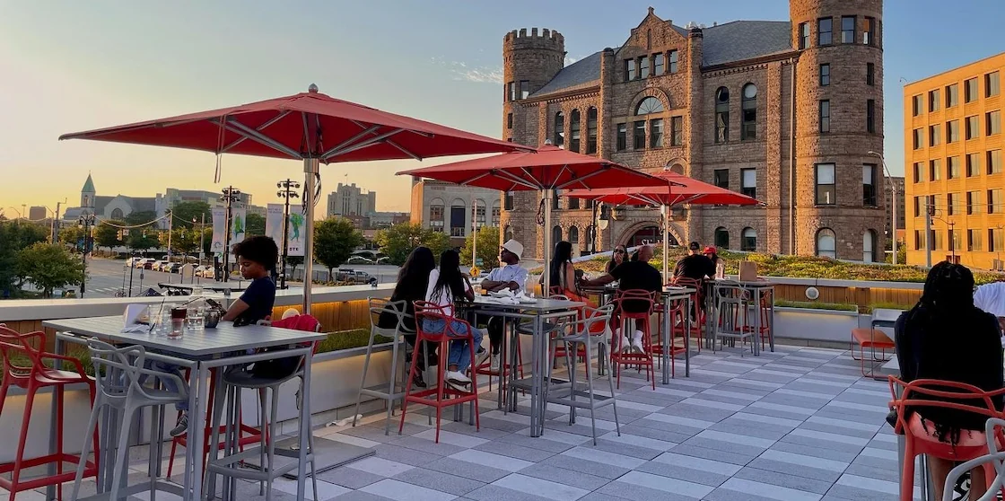 Lumen's rooftop bar overlooking Detroit's Beacon Park and beyond