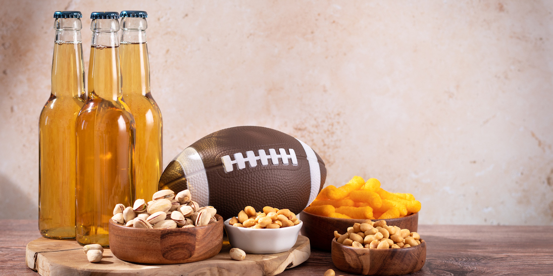 football with beer and snacks