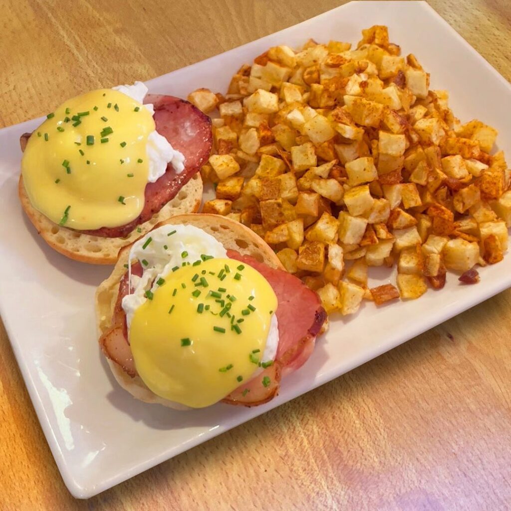 the dime store brunch option eggs benedict with potatoes
