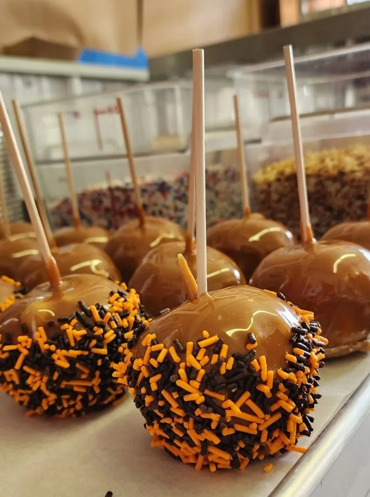 big red orchard caramel apples with sprinkles