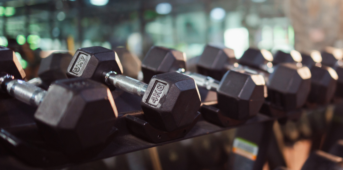dumbbells lined up for fall fitness