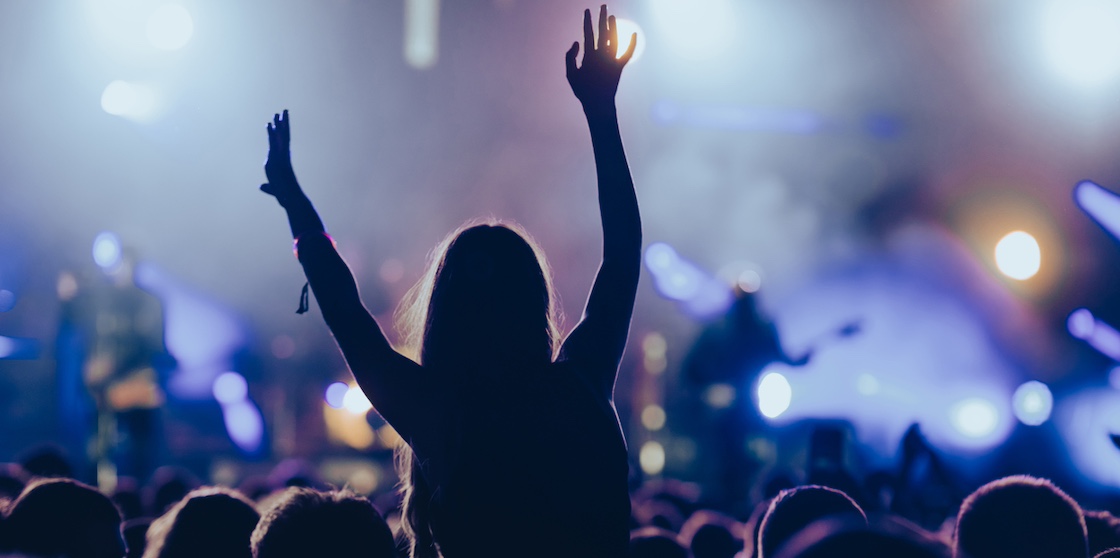 Silhouette of a woman in a crowd watching concert at open air music festival and enjoying. Crowd with raised hands. for november concert article