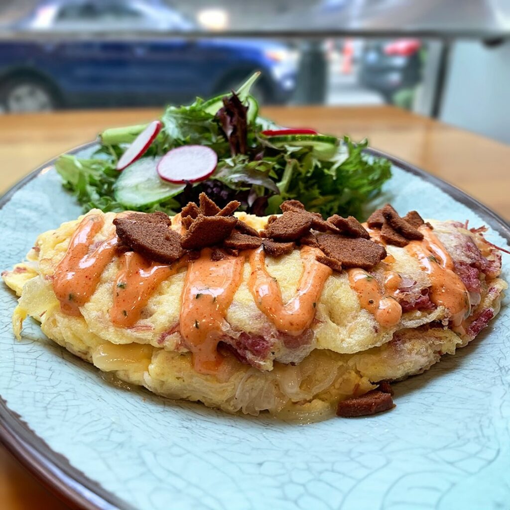 dime store rueben omelets with side salad