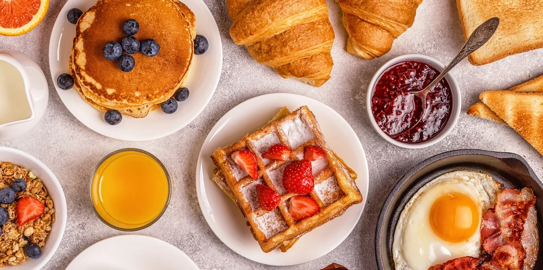 Breakfast spread on a light table