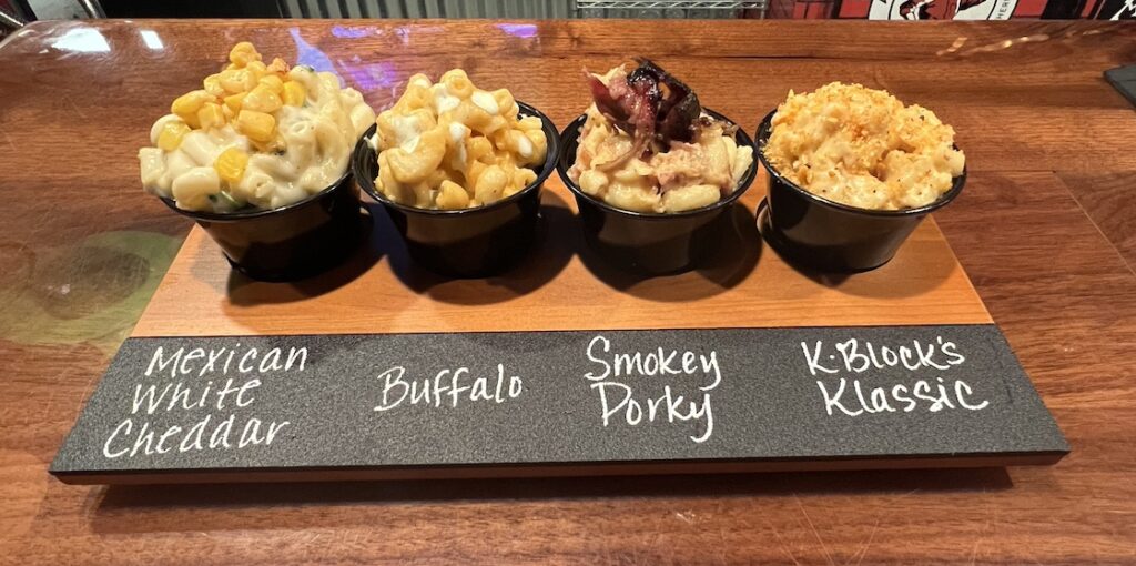 k-blocks bbq mac and cheese flight with four cups of mac and cheese
