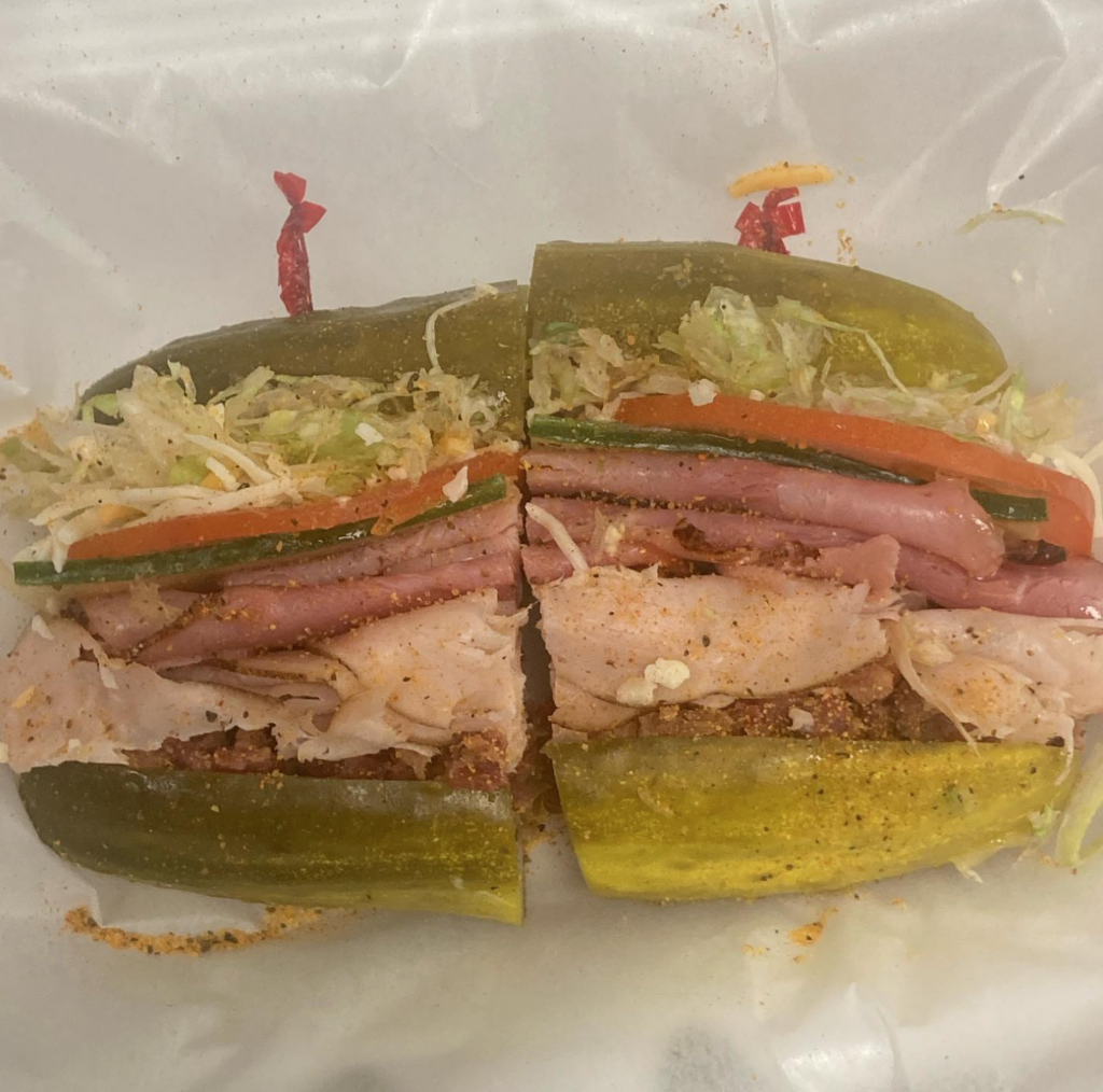 giant sandwich on a pickle from what's the dill