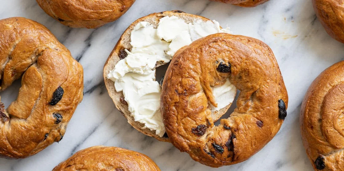 cinnamon raisin bagels with cream cheese spread from Zingerman's Bakehouse