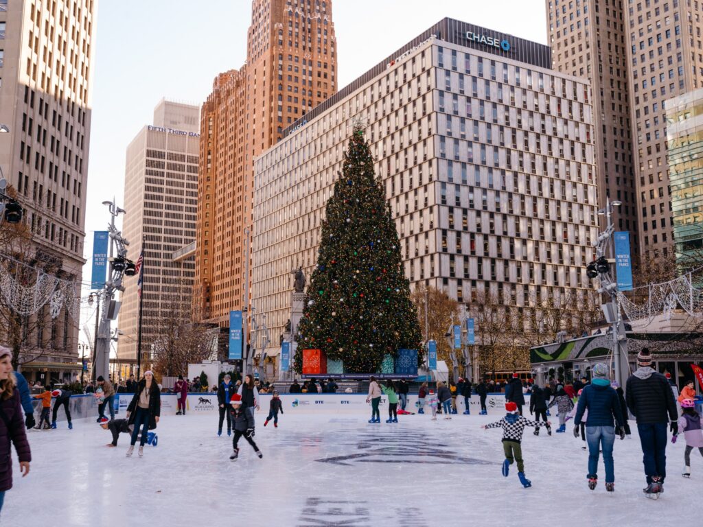 the rink at campus martius with ice skaters