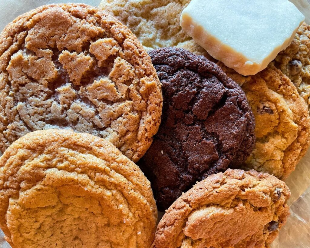 selection of cookies from good cookies - chocolate chip, double chocolate, shortbread, and more
