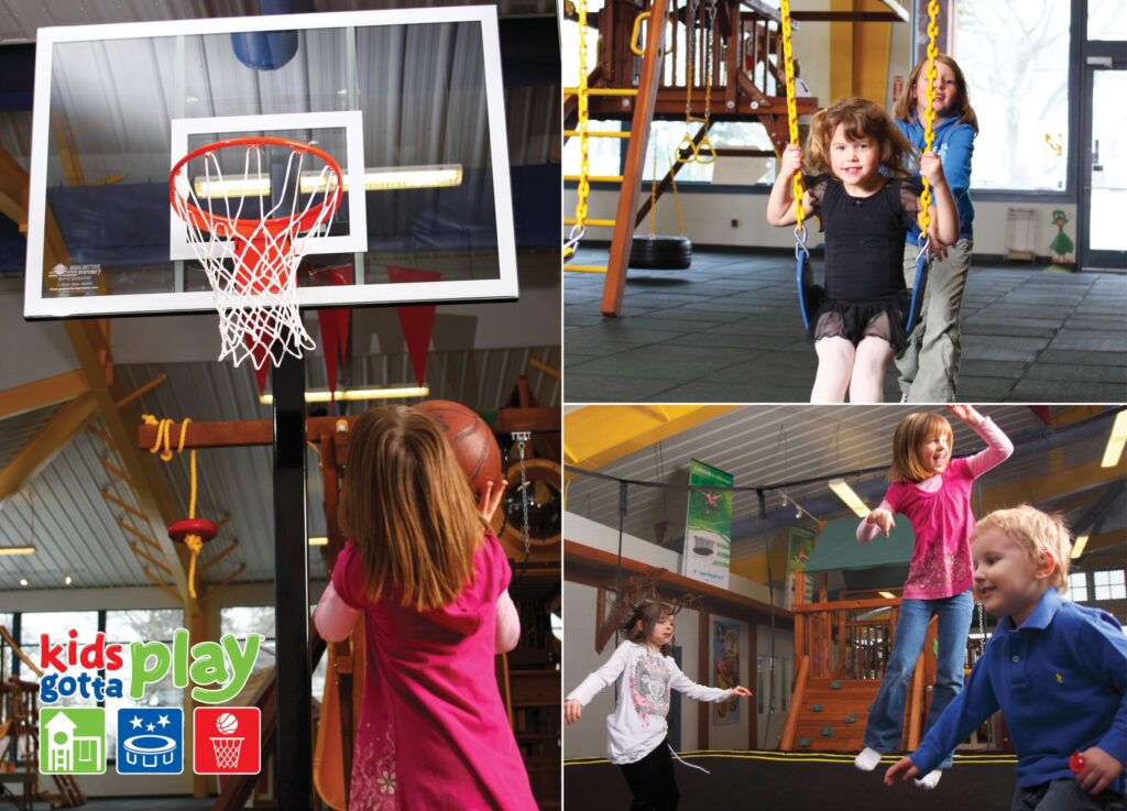 indoor play space collage from kids gotta play with swings, a basketball hoop, and a trampoline