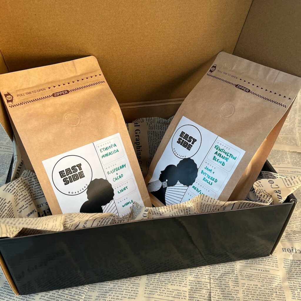 bags of coffee from eastside roasterz in a black box- new businesses