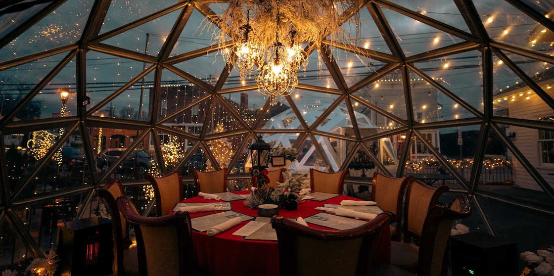 Interior of White Horse Inn's igloo - heated dining outdoors