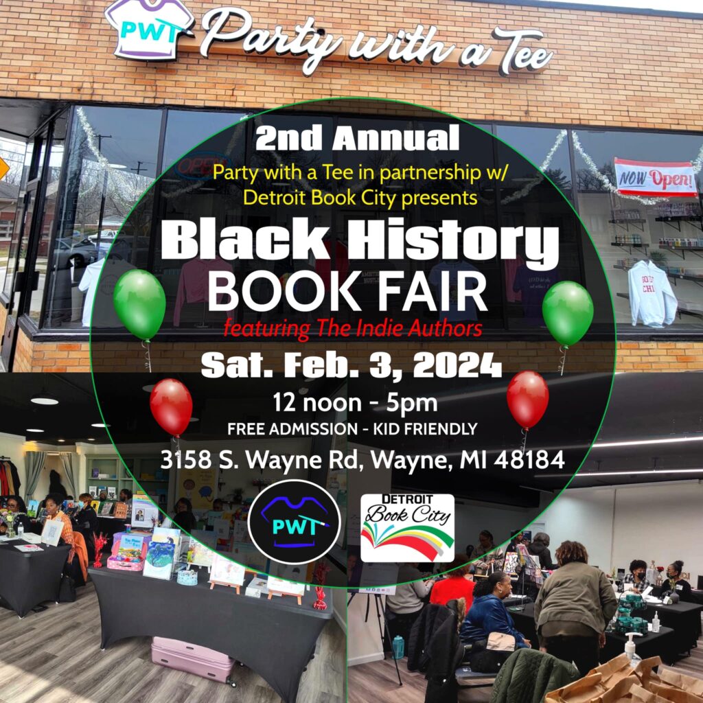 party with a tee flyer for black history month book fair