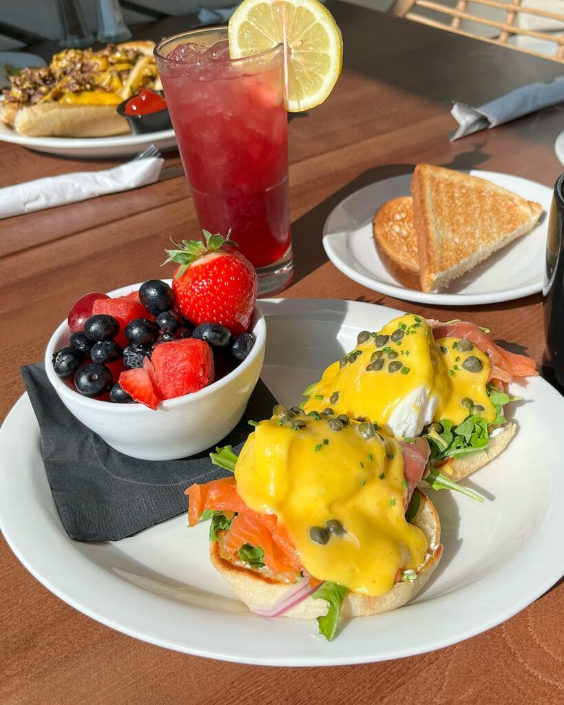 Dime Store Salmon Eggs Benedict with fruit bowl