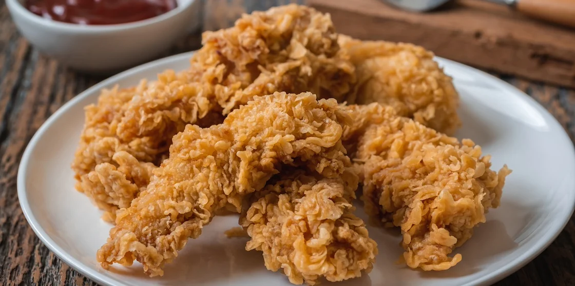 Crispy fried breaded chicken strips on plate and ketchup