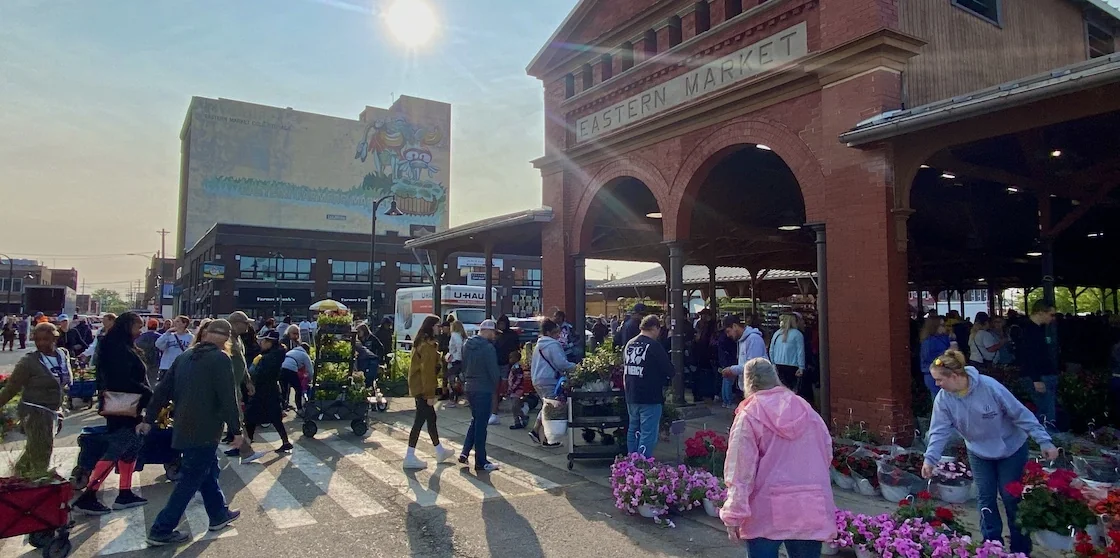 eastern market with hundreds of shoppers for flower day