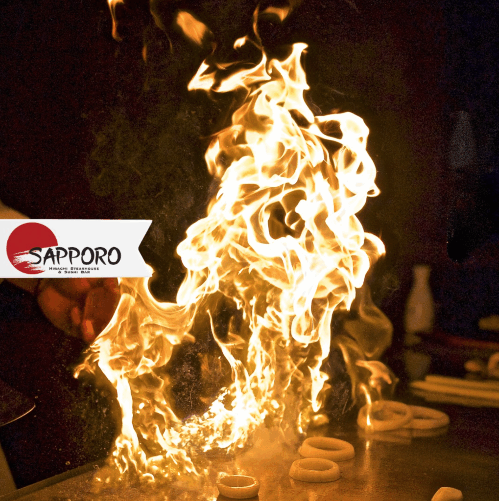Hibachi grill with flaming onions from Sapporo Steakhouse