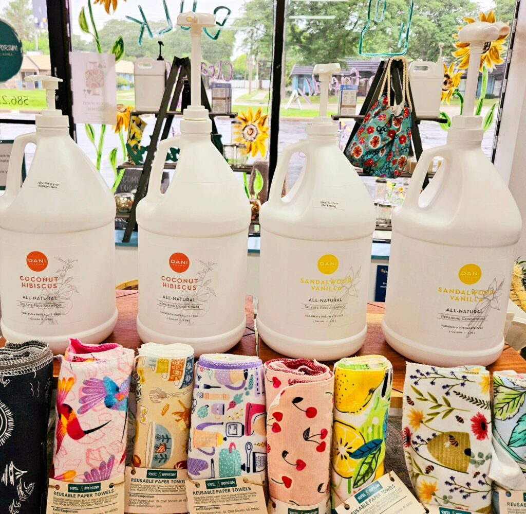 refill emporium bottles of hair care and reusable paper towels with street view