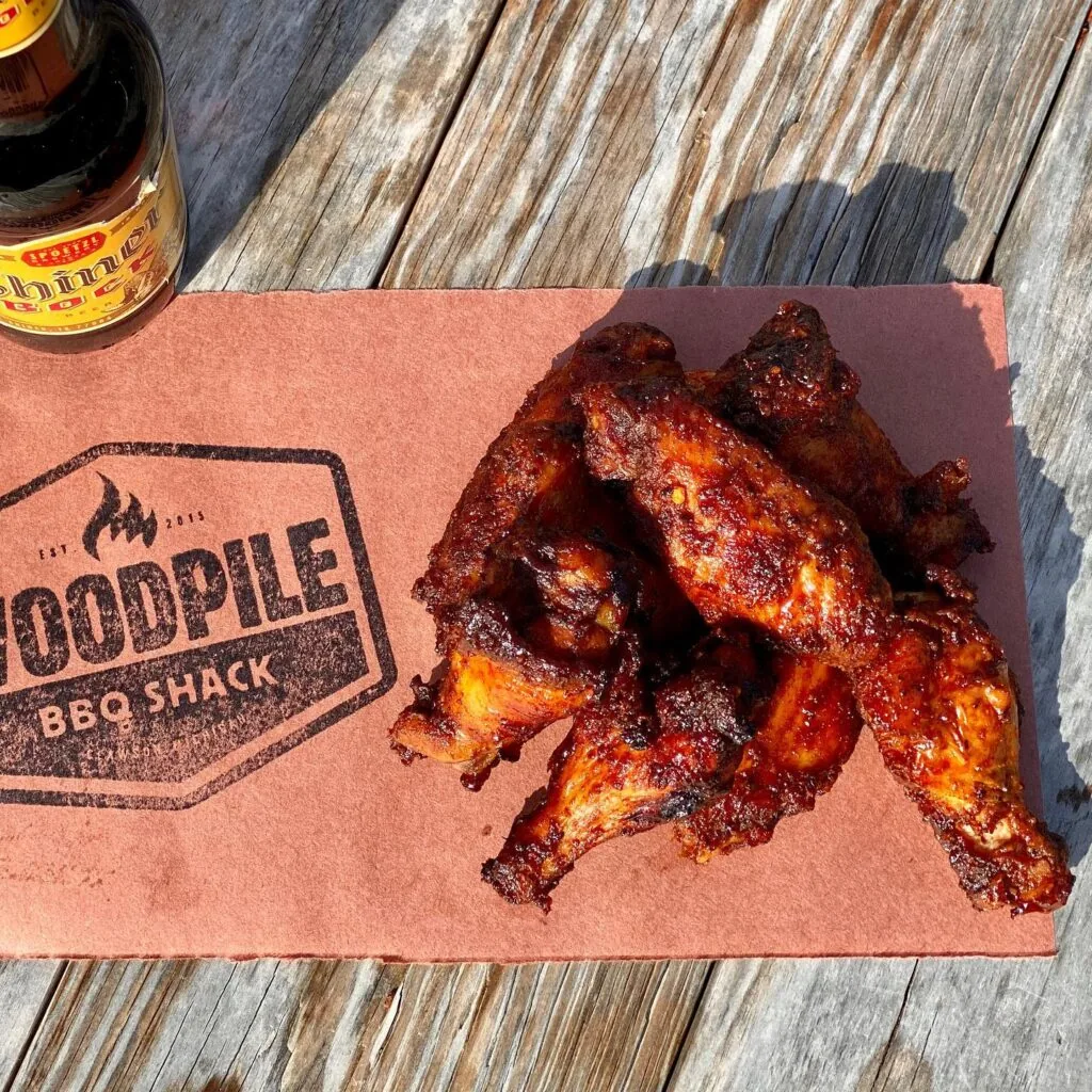 barbecue wings and beer from woodpile bbq shack