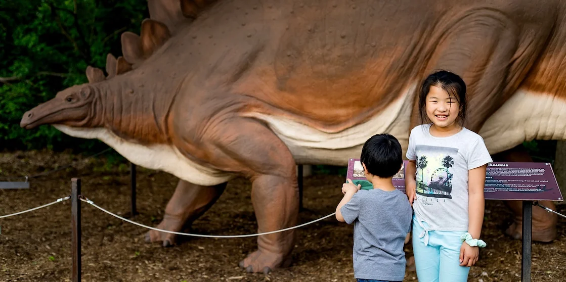 children standing in front of a dinosaur display - summer time fun