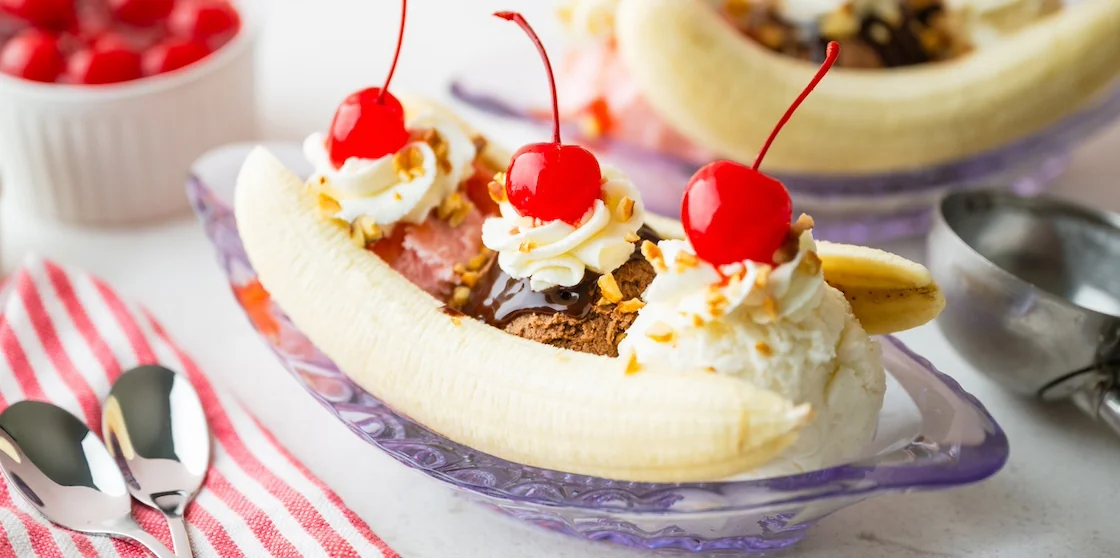 banana split with cherries and nuts - soda fountain sundae