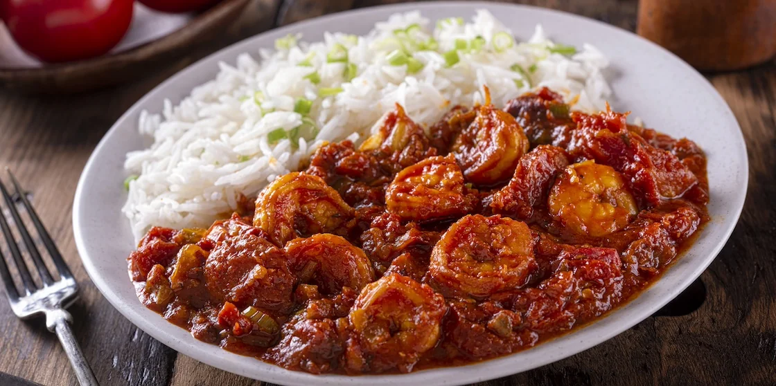 A plate of delicious southern style creole shrimp and cajun sausage with white rice