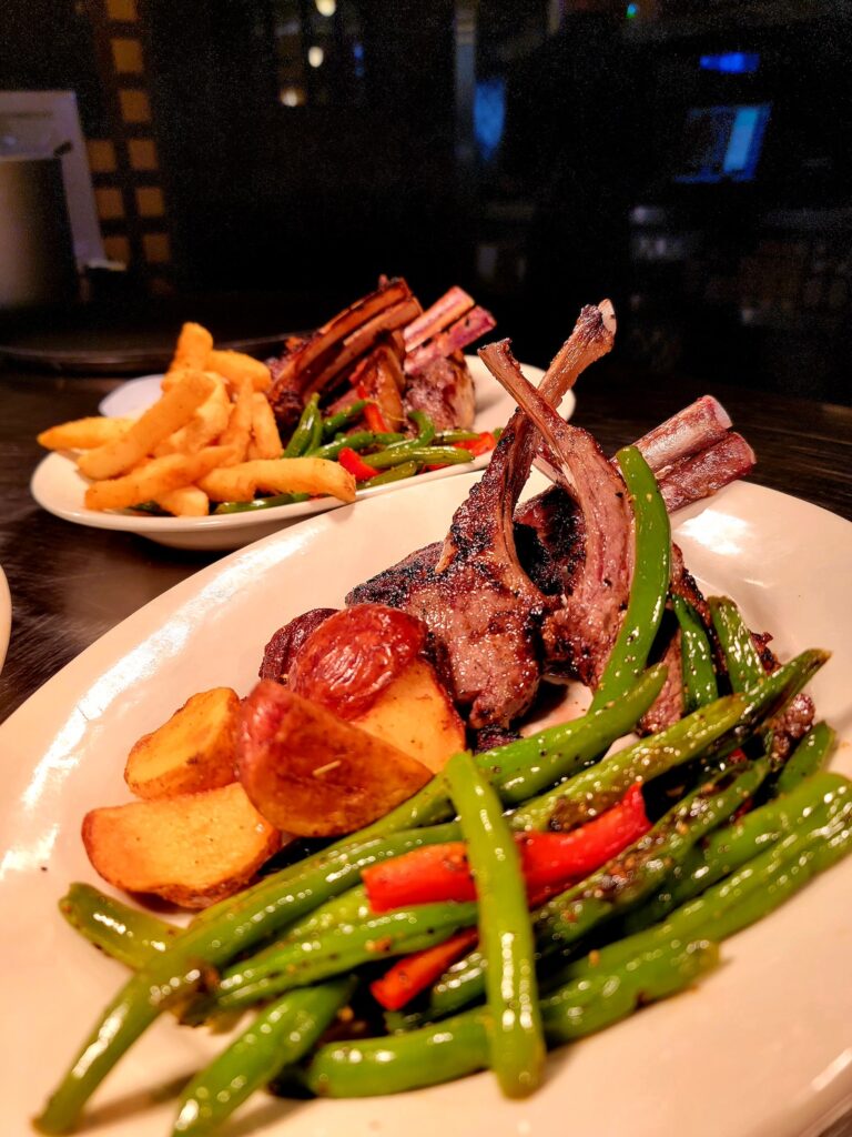 Lamb chops, potatoes, and asparagus