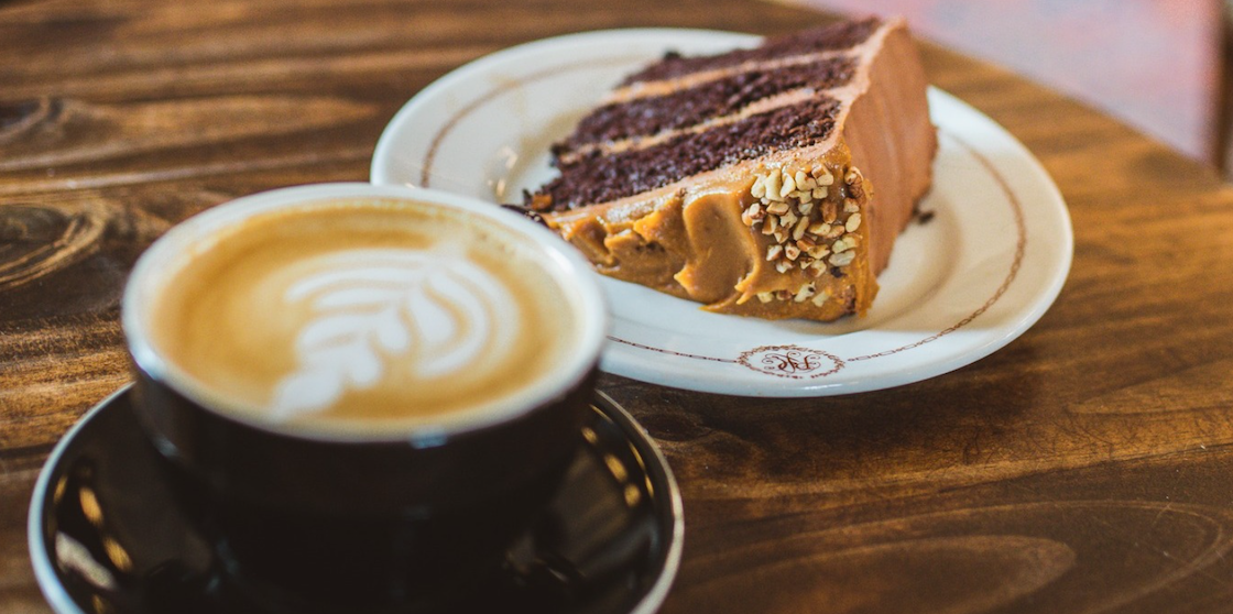 latte and slice of cake from The Congregation in Detroit