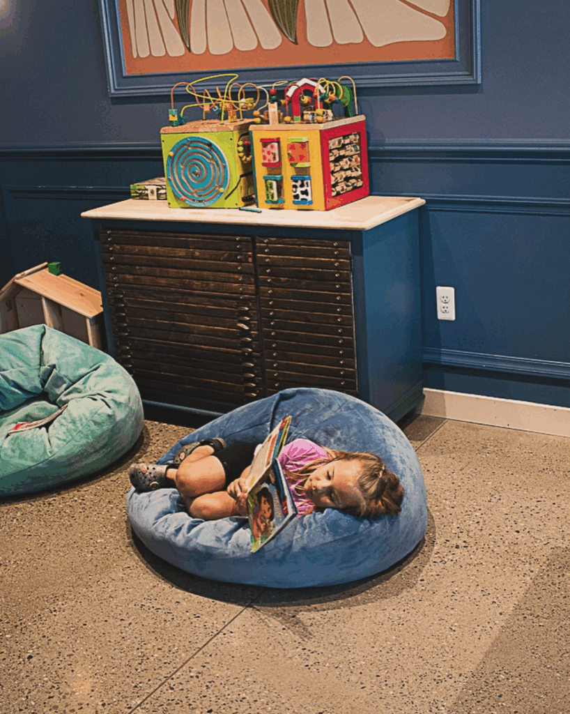 Mother Handsome kid-friendly space with beanbag seating