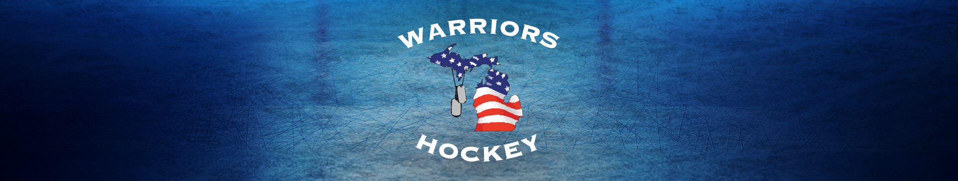 Michigan Warriors Hockey logo over a blue ice-textured background