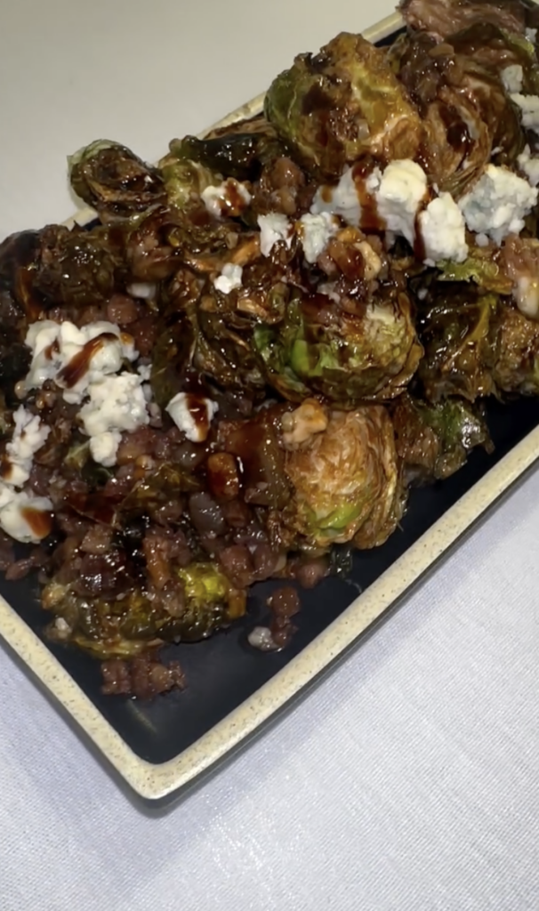 Fried Brussels Sprouts with blue cheese, bacon, and balsamic from Salt + Ko