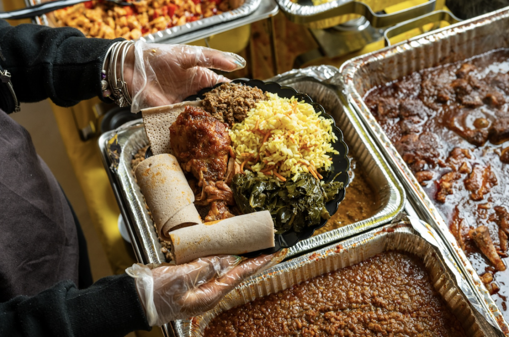 Tray of Ethiopian cuisine from Konjo Me
