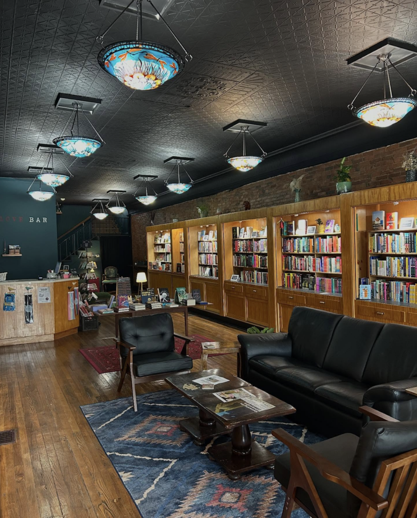 Book Love Bar bookstore seating and shelves - Ypsilanti 