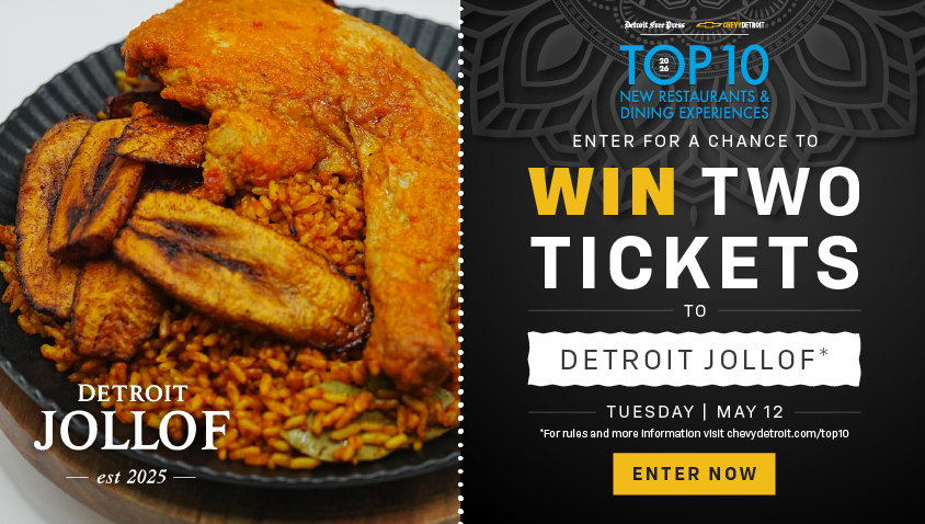 Detroit Jollof, est. 2025, web banner ad. On the left, a plate of jollof rice with chicken and fried plantains. On the right, text reads: 