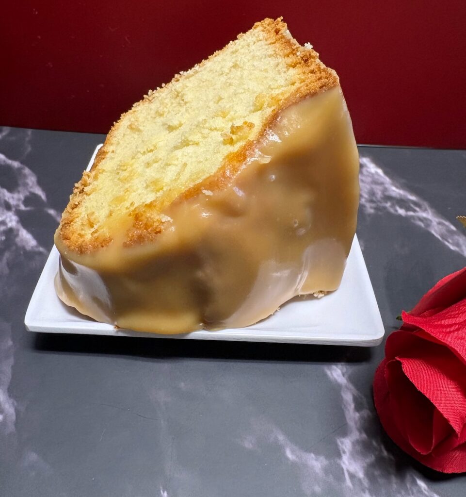 Glazed slice of pound cake from Grannies Pound Cake