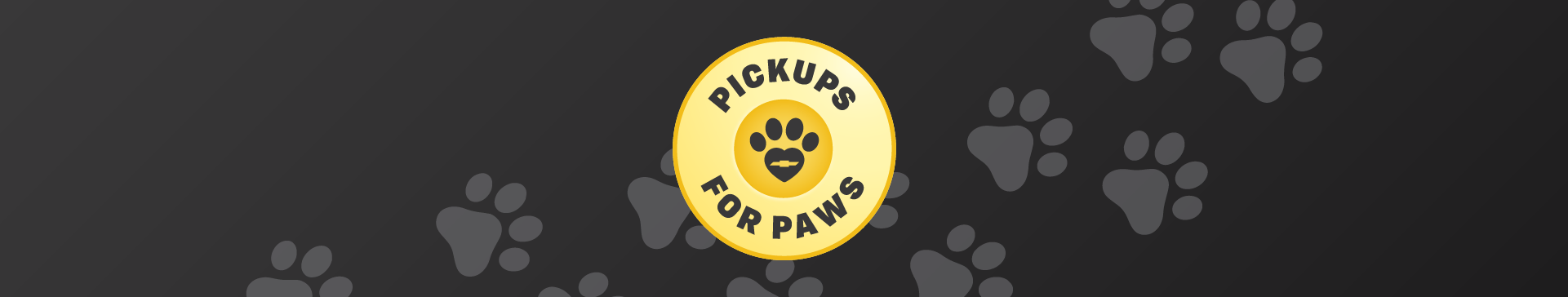 Pickups for Paws 2026 yellow circular badge with paw print logo on a dark background with paw print pattern