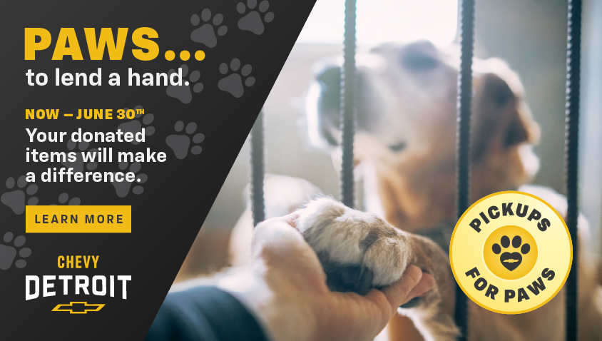 Chevy Detroit Pickups for Paws donation drive, now through June 30th. "PAWS... to lend a hand. Your donated items will make a difference." Learn More. Featuring a photo of a dog reaching its paw through a shelter kennel gate.
